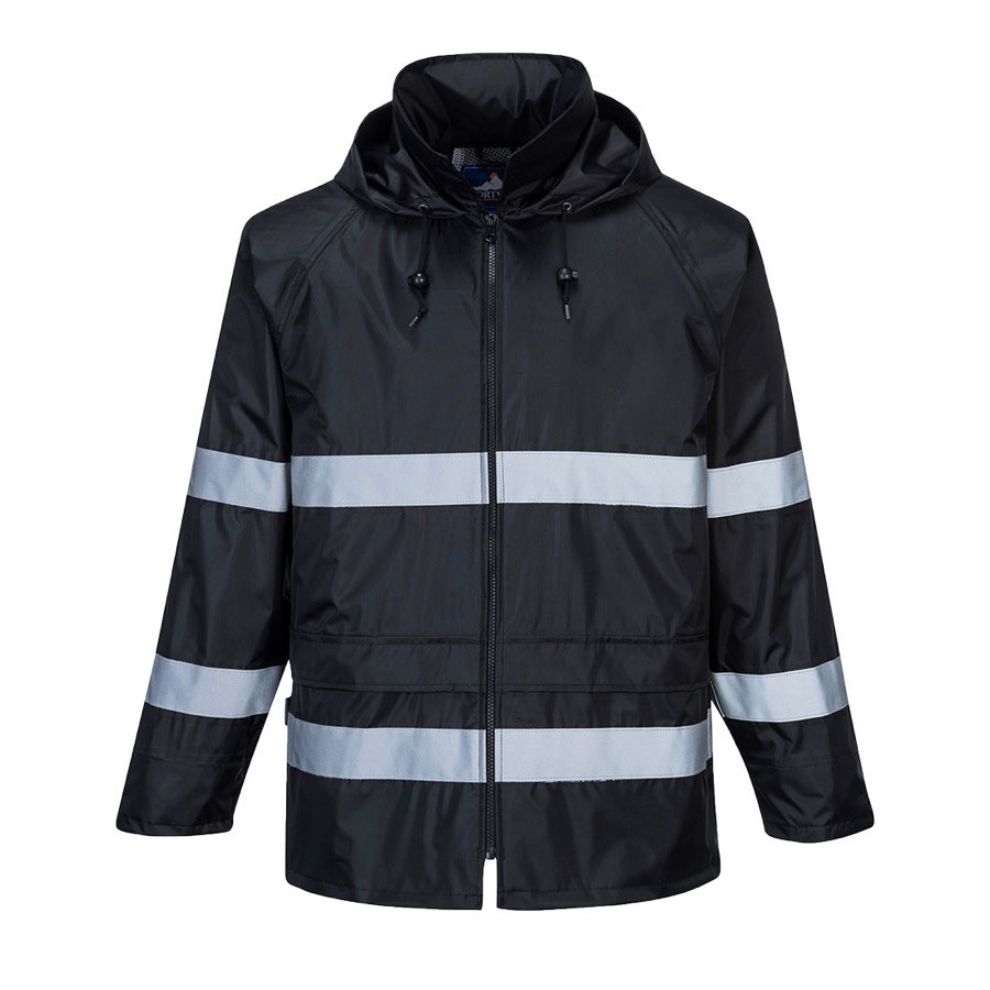 Portwest Classic Iona F440 black waterproof rain jacket with reflective tape